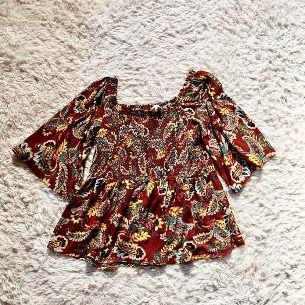 Paisley Earthy Cottage‎ Core Smocked Blouse Womens XL Witchy RenFaire Prairie